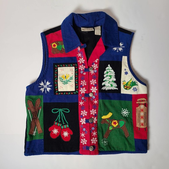 Corduroy Multi Color Christmas Holiday Retro Vest-Size Small - Picture 1 of 5